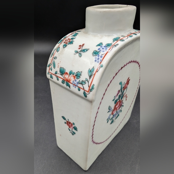 c18th Century Chinese Export Hand Painted Floral Red Roses Blue Daisy Tea Caddy - Picture 2 of 13